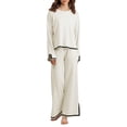 thumbnail image 1 of Fortune 2Pcs Women Knit Clothes Contrast Color Long Sleeve Loose Sweater + Wide Leg Pants Fall Lounge Set, 1 of 9