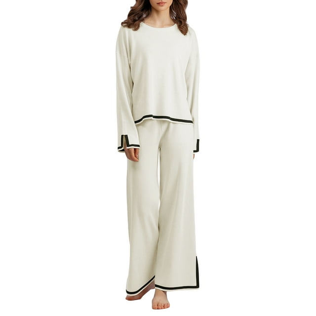 Fortune 2Pcs Women Knit Clothes Contrast Color Long Sleeve Loose Sweater + Wide Leg Pants Fall Lounge Set