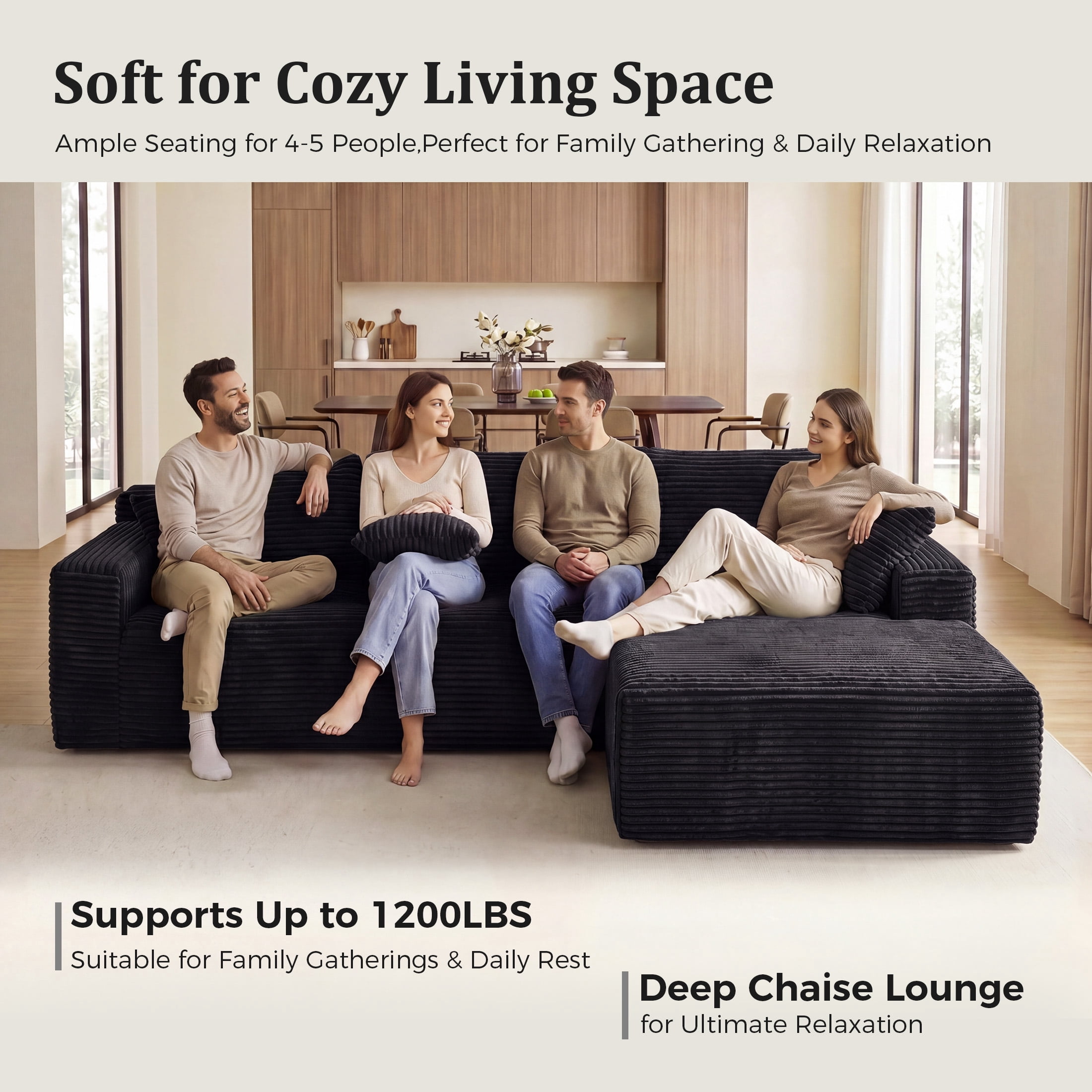 Aenkyo 95 Inch Corduroy L-Shaped Modular Sectional Sofa, Right Chaise, Black