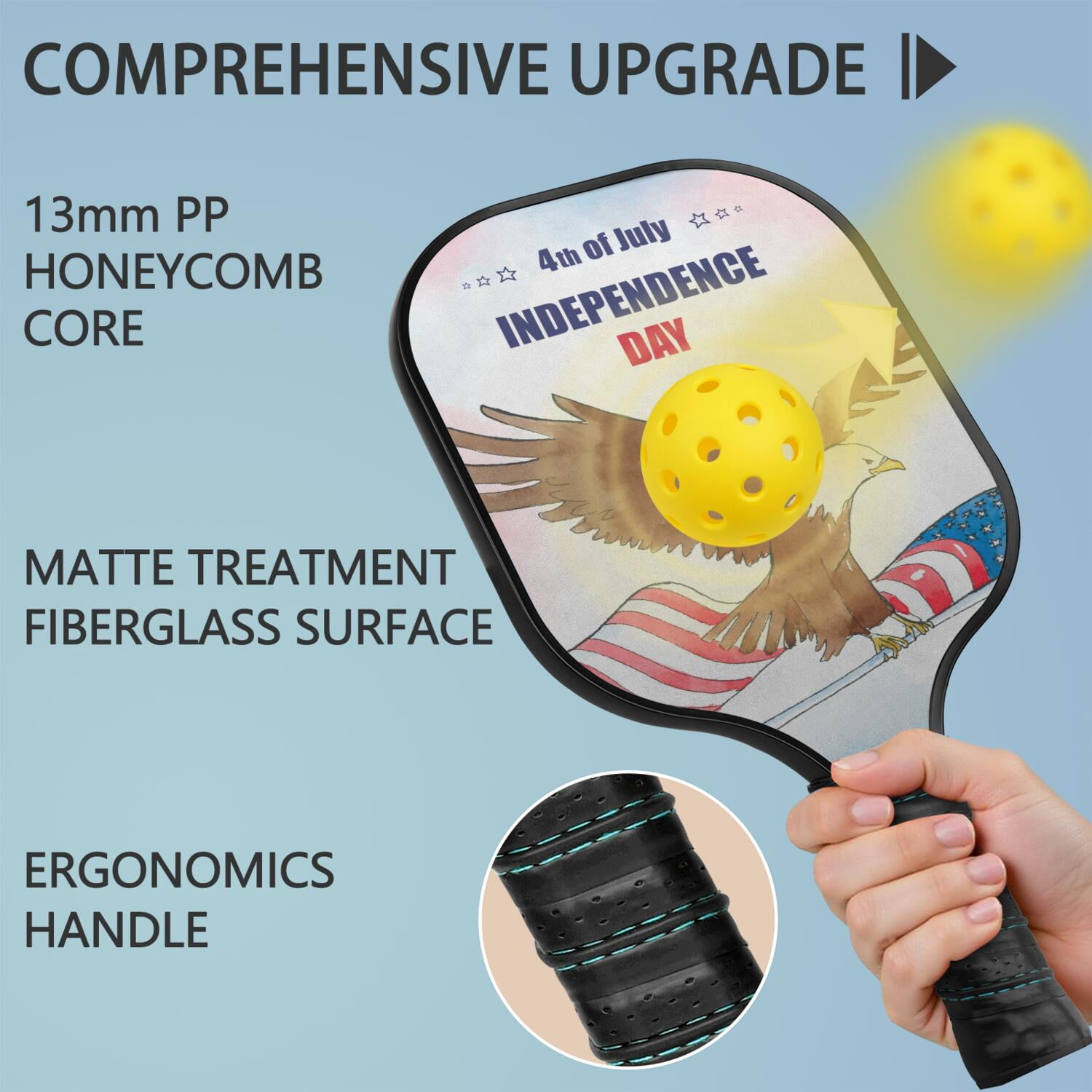 Pickleball Paddles Set Of 2, Fiberglass Surface, USA, Independence Day Print, 4 Balls & Bag
