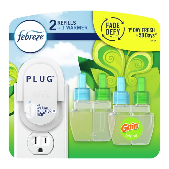 Febreze Plug In Air Freshener, Odor-Fighting Scented Oil Starter Kit, Gain Scent, Warmer + 2 Refill