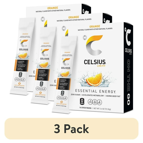 (3 pack) CELSIUS On The Go Energy Drink Mix, Orange (14 Stick Pack)