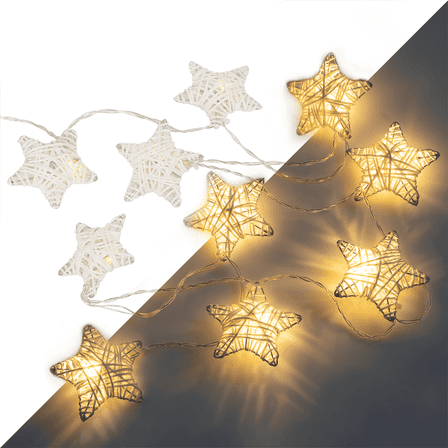 West Ivory 6 ft 10 LED Metal Rattan Style Star String Fairy Lights Garland, Battery Operated, Wedding Holiday Christmas Tree, Valentine Kid’s Room Bedroom Decorative, Indoor Outdoor, Warm White