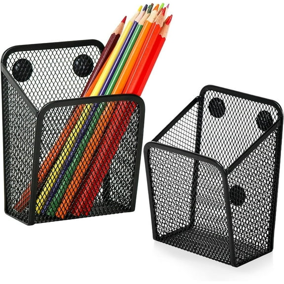 SILOON Magnetic Pen Holder - 2 Pack Magnetic Pencil Locker Holder Organizer, Single Strong Magnets Mesh Marker Holder Pen Basket for Whiteboard, Refrigerator and Locker