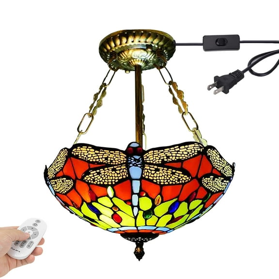 Kiven 11.8in Plug-in Flush Mount Ceiling Light Fixture, 2-Light Anti Glare Close to Ceiling Light with 15FT Cord, Tiffany-Style Glass Chandelier Dimmable for Bedroom Kitchen Hallway(No.3218)