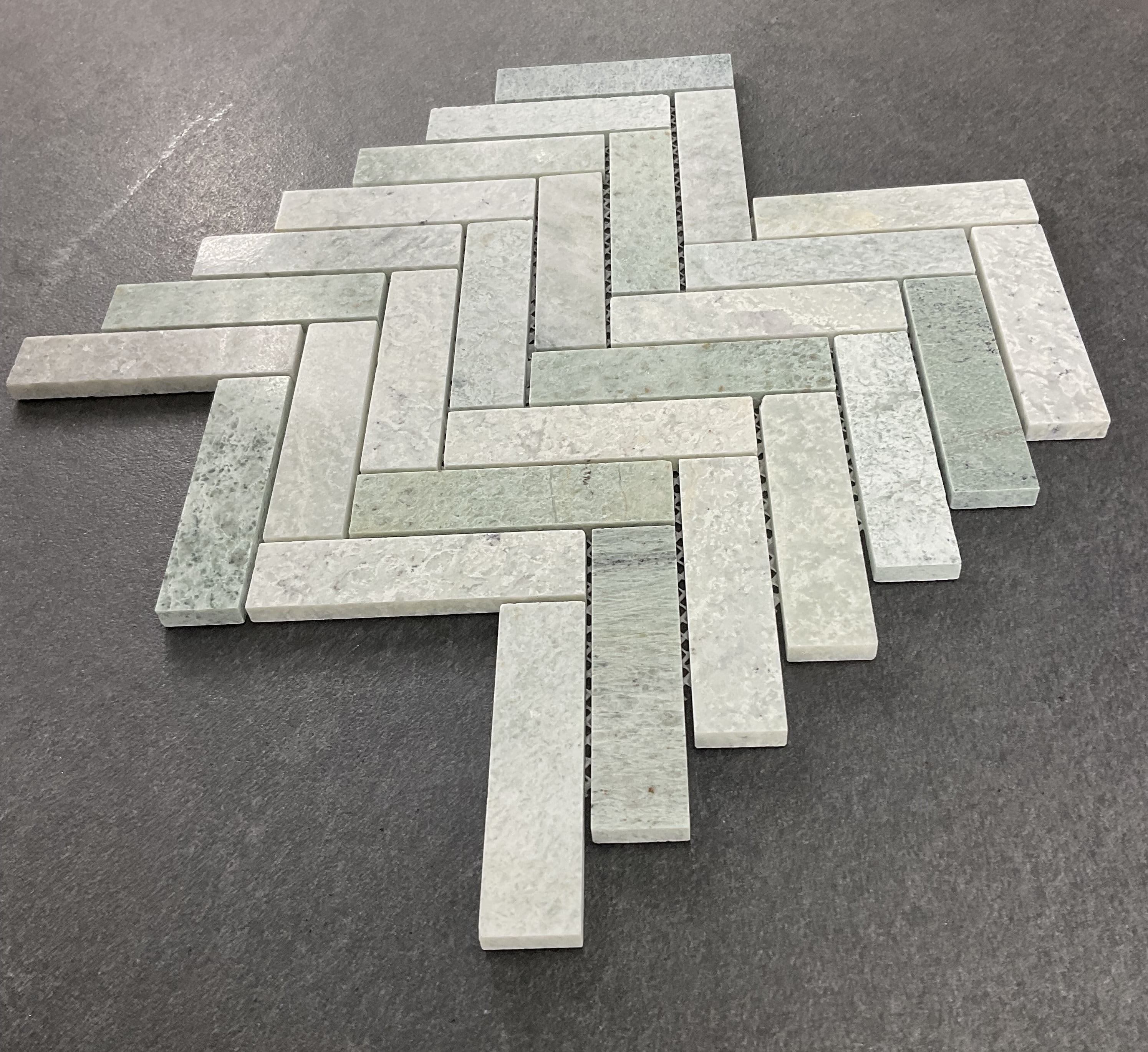 10 Sheets of 1" x 4" Ming Green Marble Herringbone / Chevron Mosaic Wall & Floor Tile