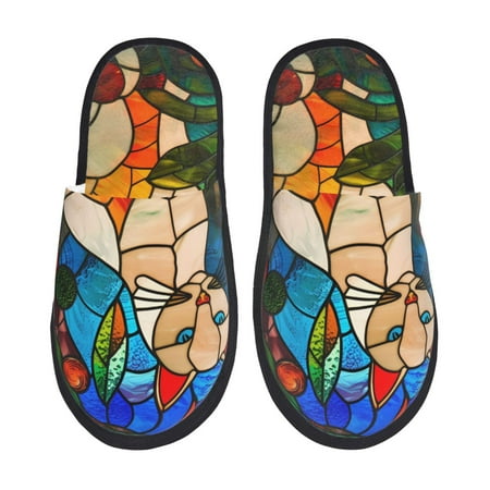 Balery Stained Glass Cat Art Slient Indoor Furry Fleece Comfort House Shoes Soft Non-Slip Home Shoes Cotton slippers House Slippers-- Large