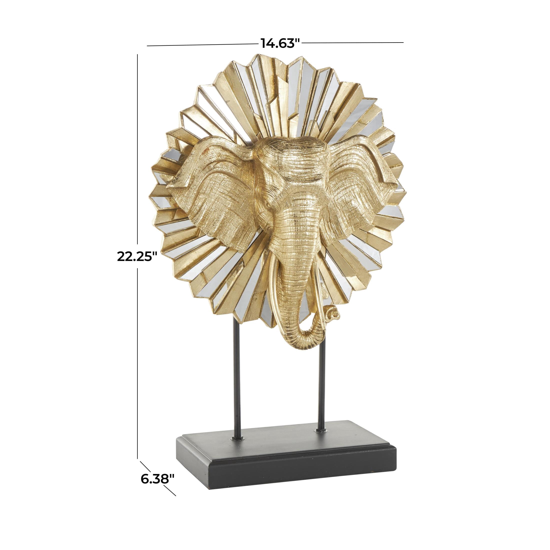 15" x 22" Gold Resin Elephant Sculpture with Mirrored Sunburst Accent and Black Stand, by DecMode
