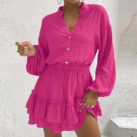 Gspmoly Women Dress, Fashion Women Casual V Neck Solid Color Long Sleeve Ruffle Elastic Waistband Dress Women'S Formal Dresses up to 60% Off