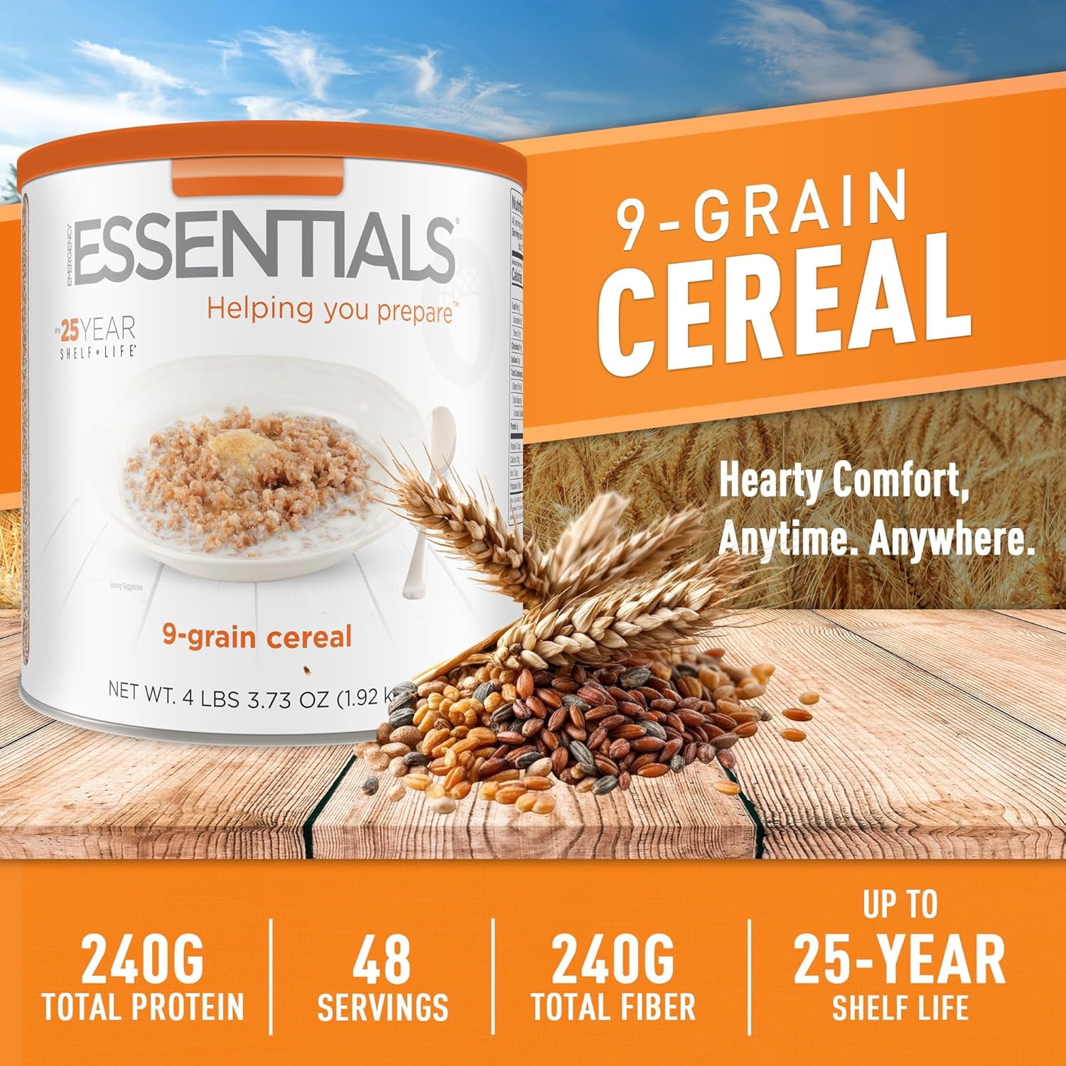 Emergency Essentials 9-Grain Cereal #10 Can - 48 Servings, High-Fiber Whole Grains, Long-Term Food Storage, Shelf-Stable Emergency Breakfast Mix, Bulk Pantry Staple