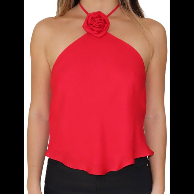 Camiseta Sin Mangas de Lunares Y2k para Mujer, Estilo Halter, Sin Mangas, con Cuello Halter, Camisola Sin Espalda y Decoración de Rosas. Rojo S