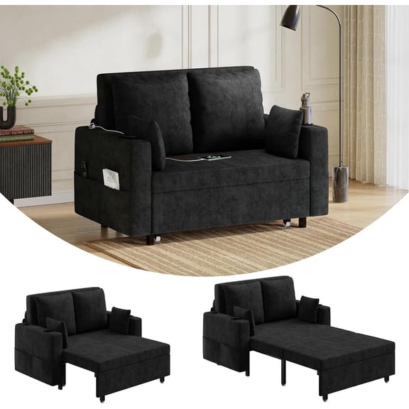 3 in 1 Pull Out Couch, Convertible Sleeper Sofa Bed, Loveseat Sofa Couch with Cup Holders, USB & Side Pocket, for Living Room, Bedroom, Includes Toss Pillows, Black