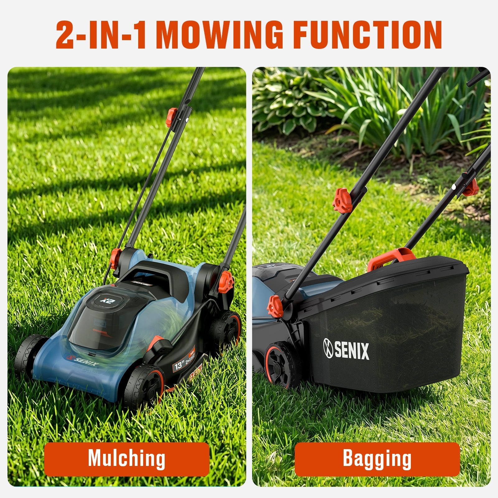 SENIX 20V Cordless Push Lawn Mower with Carry Handle, 13-Inch Cutting 14-inch Deck, 2-in-1 Mulching & Bagging, Single 5-Position Height Adjustment (1x 4.0Ah Battery & Charger Included)