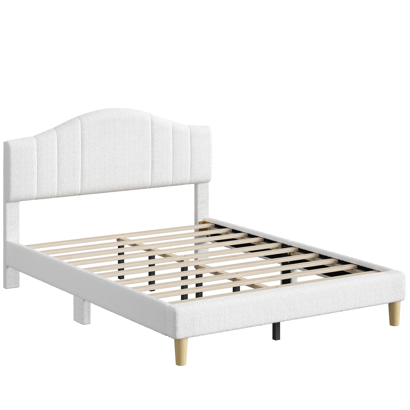 Pinmoco Queen Upholstered Bed Frame with Adjustable Arc-shaped Headboard, LED Platform Bed, Teddy Velvet White