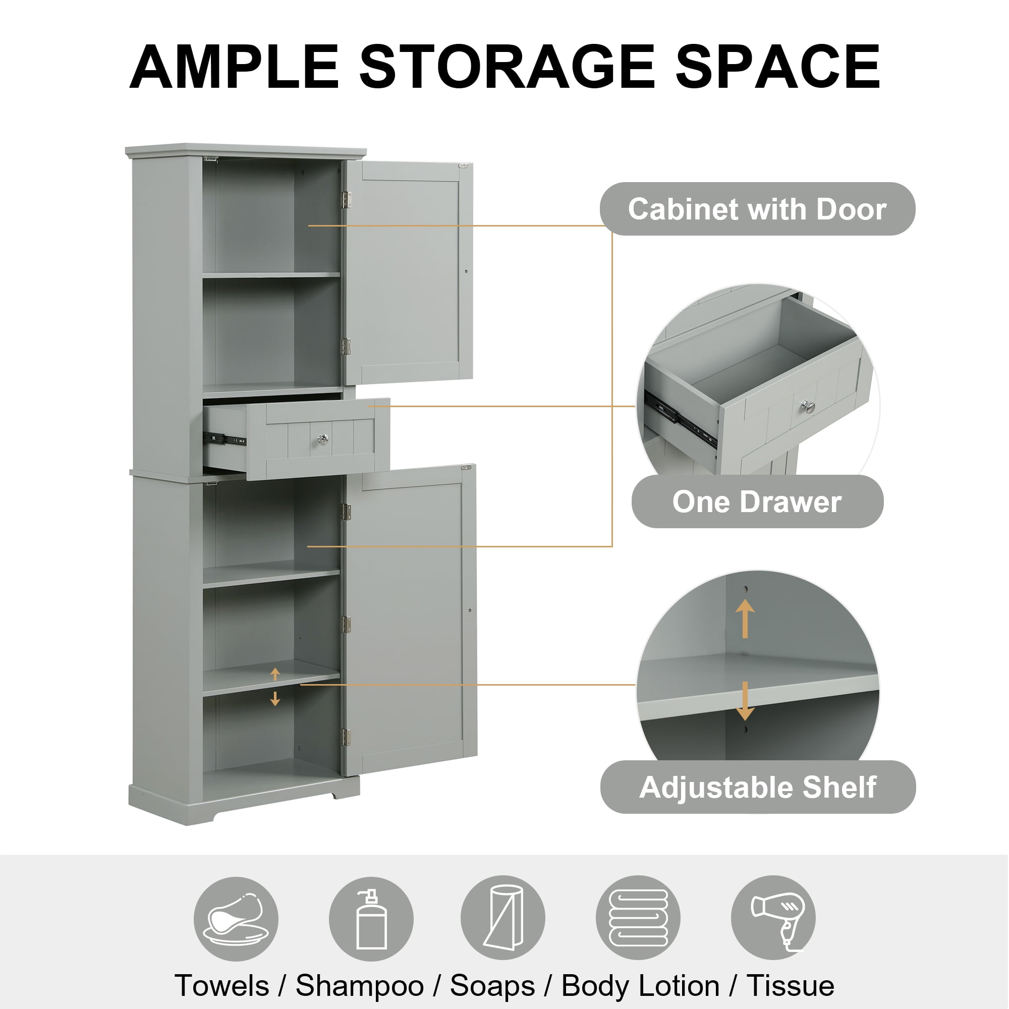 Tall Bathroom Storage Cabinet with Drawer and Adjustable Shelf, MDF, Grey