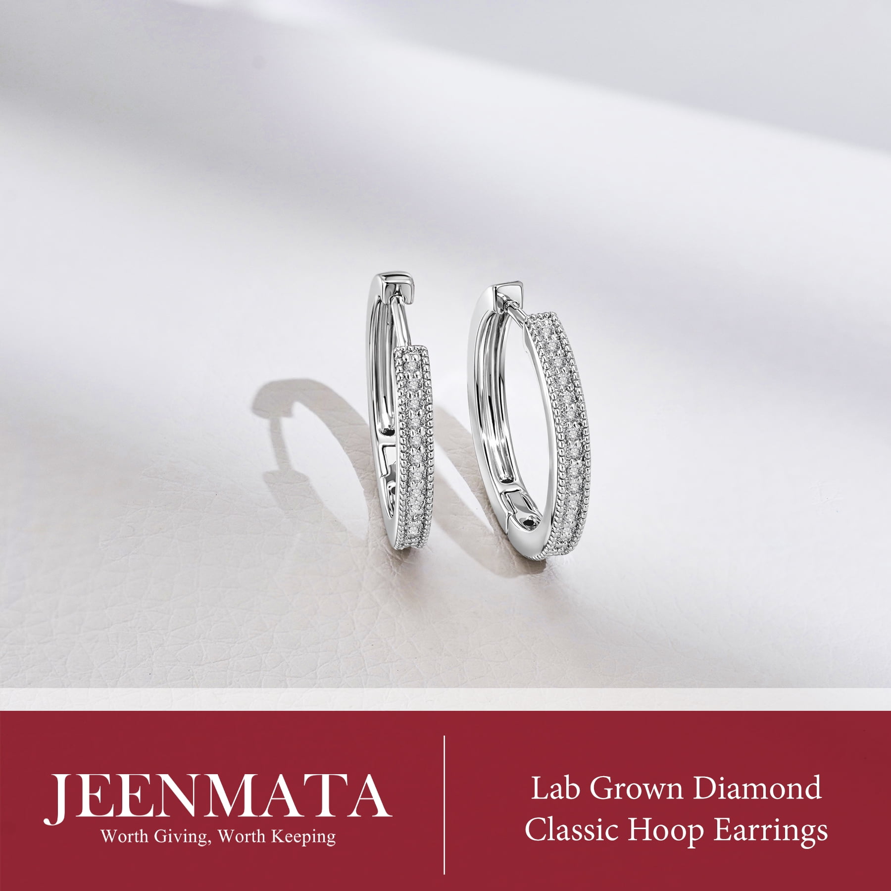 JeenMata Lab Grown Diamond Hoop Earrings - Round Cut Classic Earrings in White Gold Plating for Women