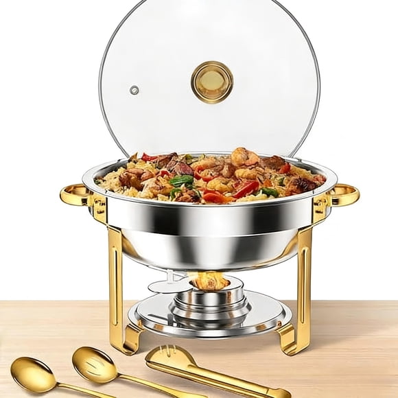 Juego de chafing dish redondos dorados de acero inoxidable - 5L con tapa de vidrio templado y utensilios - Perfecto para fiestas, bodas, catering - 2 piezas