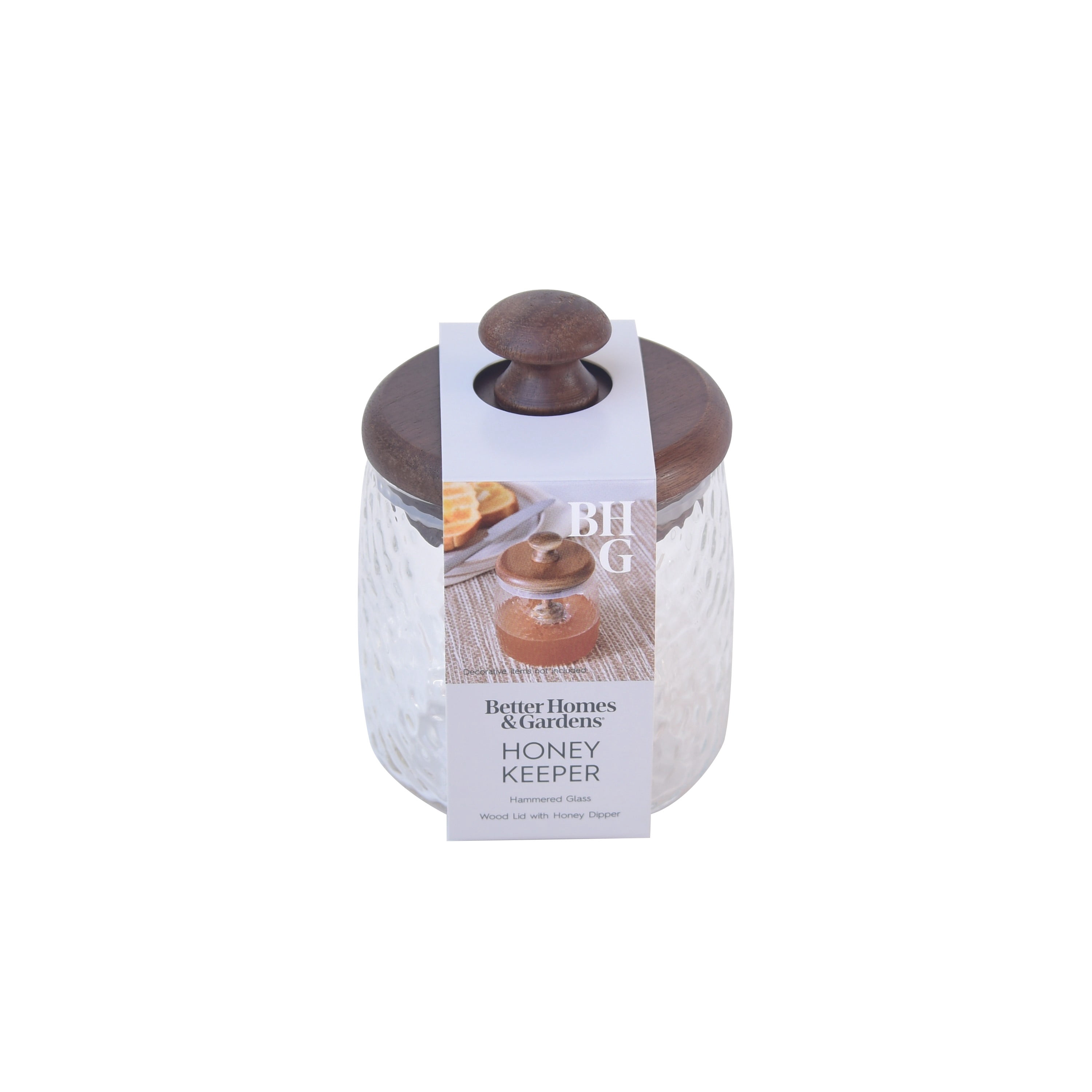 Better Homes & Gardens Hammered Glass & Acacia Honey Keeper, 6 oz Jar with Lid and Honey Dipper, 3 Piece Set, Made for Pantry Jar Storage and Display