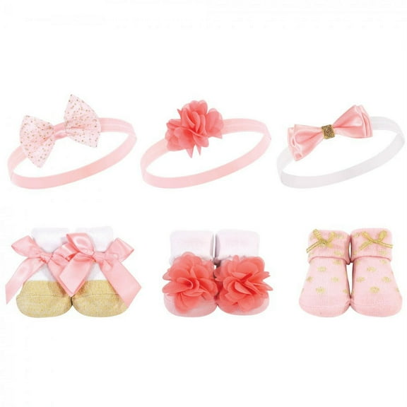 Hudson Baby Infant Girl Headband and Socks Giftset 6pc, Coral Gold, One Size