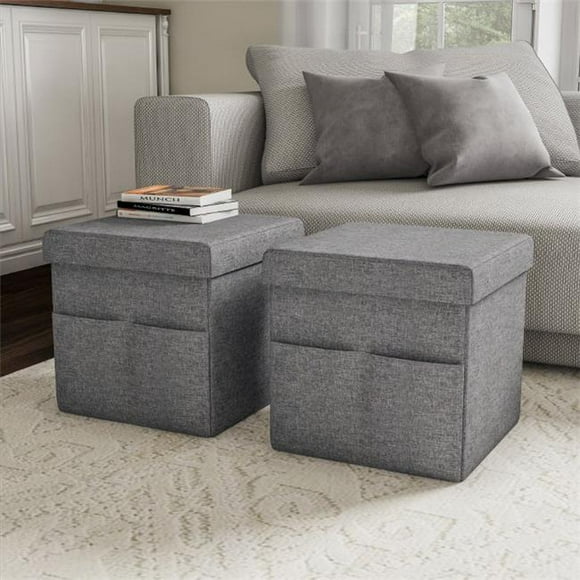 Lavish Home Foldable Storage Cube Ottoman with Pockets – Multipurpose Footrest Organizer for Bedroom, Living Room, Dorm or RV (Pair, Charcoal Gray),
