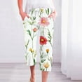 thumbnail image 2 of Clearance Women’s Linen Floral Capris High Waisted Baggy Stretchy Straight Wide Leg Capris Drawstring Elastic Waist Capri Pants Fashion Lightweight Dressy Work Clothes with Pockets, 2 of 5