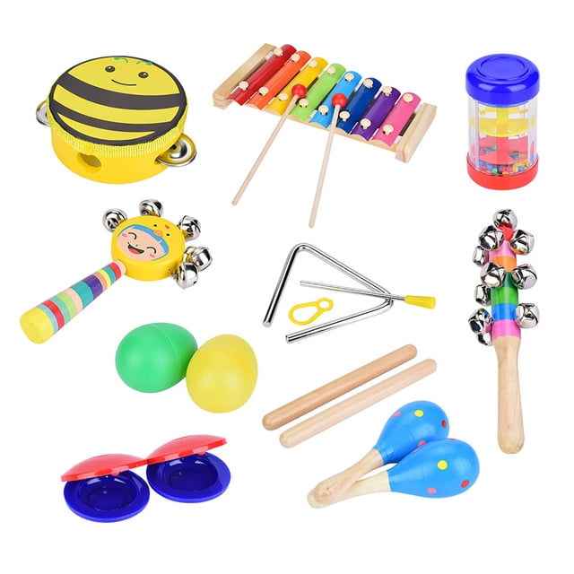 instrumentos musicales nikoumx 16 piezas para niños de madera juego didáctico: vista cenital de instrumentos de madera y metal sobre fondo blanco con xilófono multicolor y 2 palos, tambor amarillo con cara sonriente y cascabeles, par de maracas azules, huevos de percusión verde y amarillo, castañuelas rojas, triángulo con baqueta, tubo de lluvia transparente y sonajero con campanas. Adecuado para introducir ritmos y fomentar coordinación manos-ojos; a menudo se usa también como set de iniciación musical para guarderías.