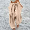 thumbnail image 2 of Womens Wide Leg Hippie Pants Plus Size Linen Ankle Length Drawstring High Waisted Cropped Pants Flowy Elastic Waist Breathable Harem Pantswith Pockets Beige L, 2 of 9