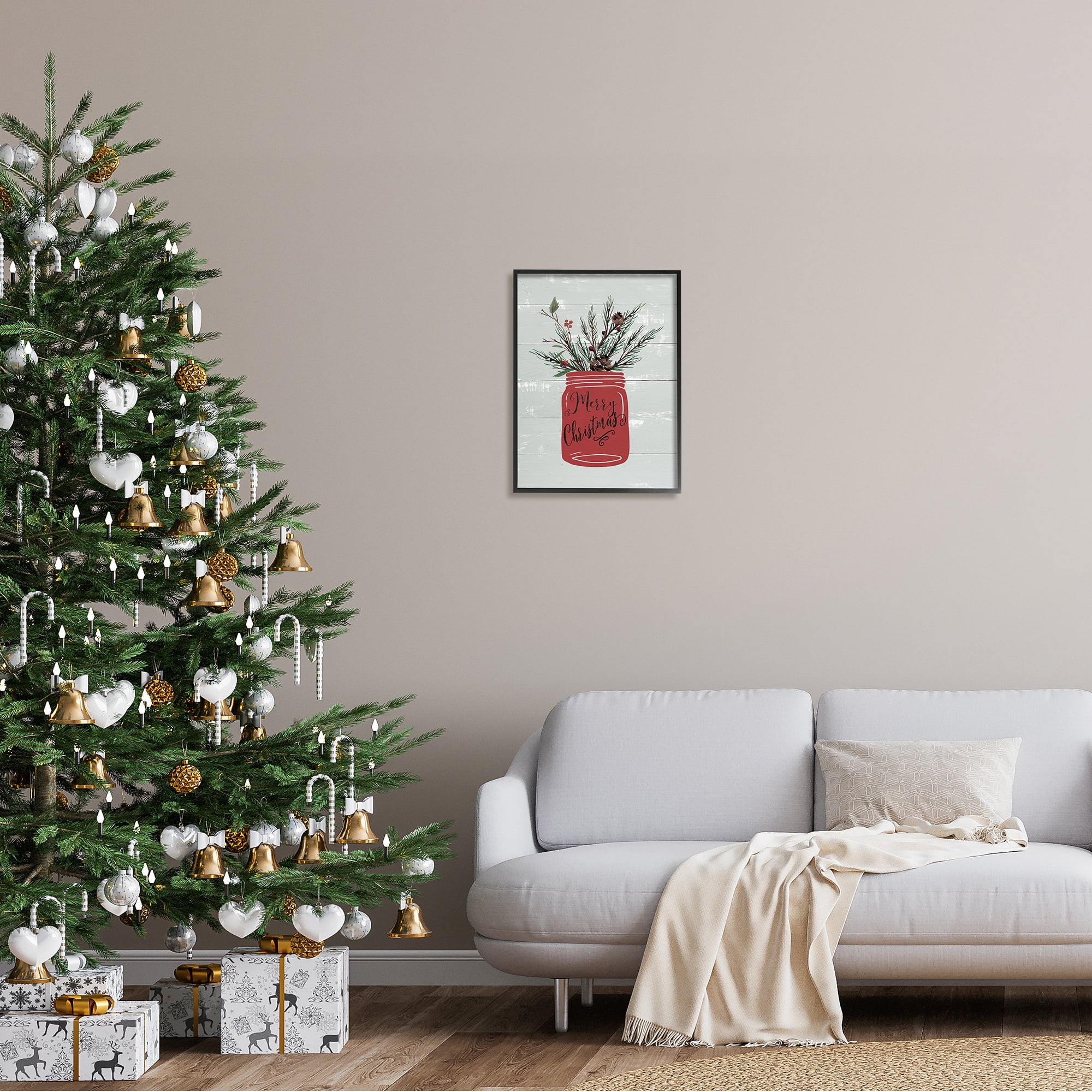 Red Merry Christmas Country Jar Winter Holly Pine Botanical & Floral Graphic Art Framed Art Print Wall Art