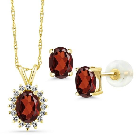Gem Stone King 14K Yellow Gold Red Garnet Pendant Earrings Set for Women | 2.88 Cttw | Gemstone January Birthstone | Oval 8X6MM and 6X4MM | with 18 inch Chain