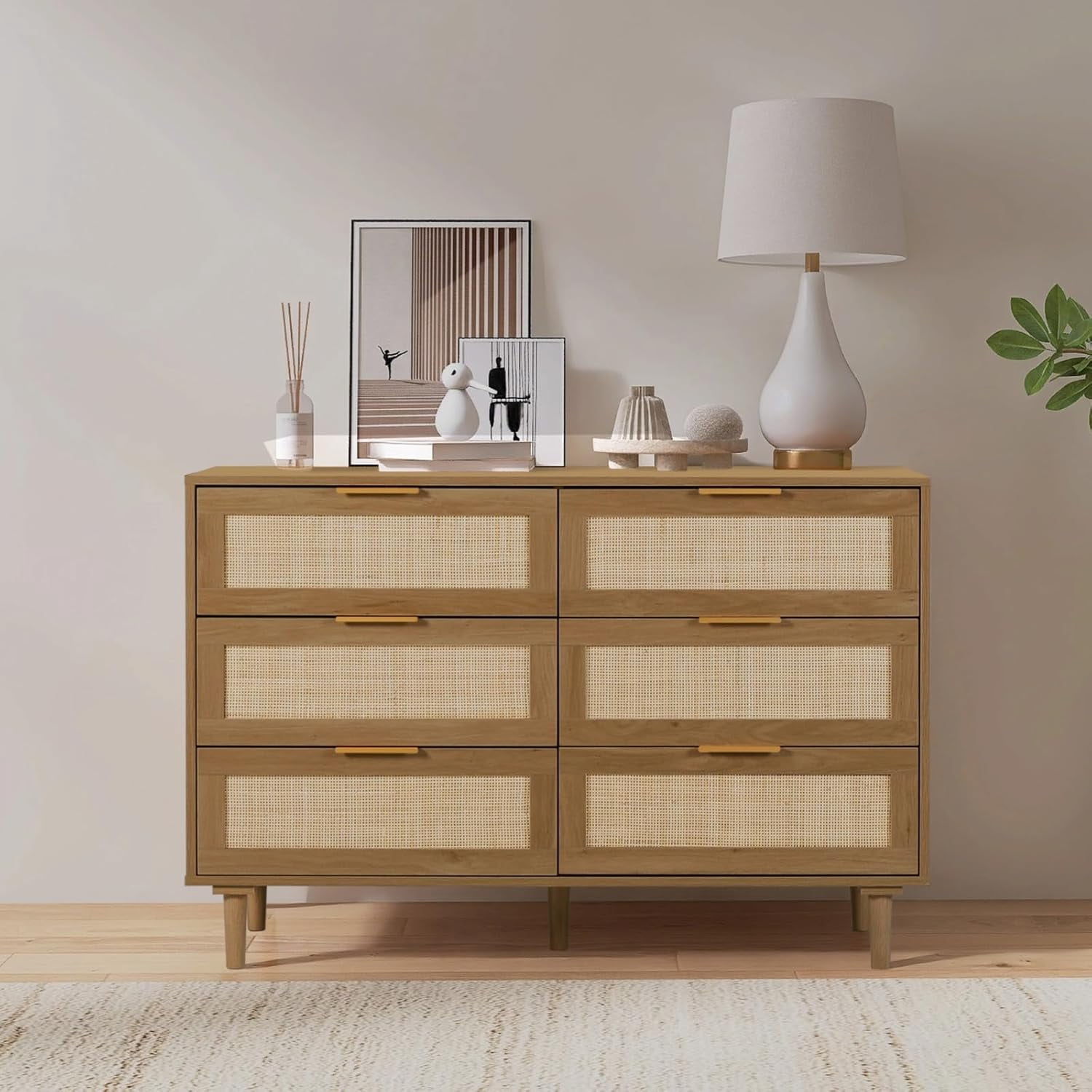 LAZZO 6-Drawer Rattan Dresser, Modern Chest of Drawers, Wooden Storage Organizer for Bedroom, Living Room & Hallway, Brown