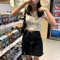 thumbnail image 4 of Corto impreso camiseta cuello redondo manga corta lindo ajuste slim fit mujeres verano Top para compras diario, 4 of 8