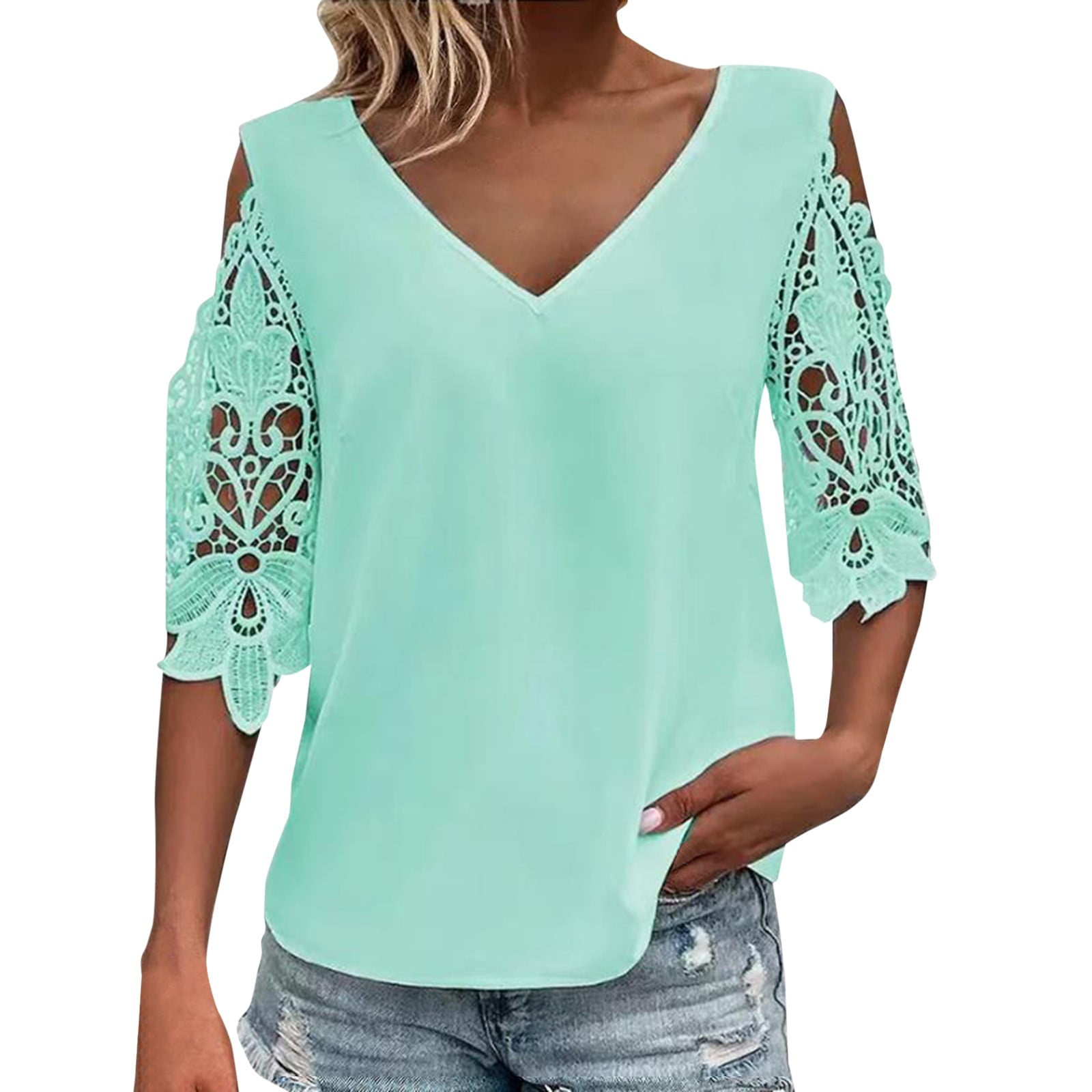 TSADFHJI Ladies Tops for Fall Women's T Shirt Lace Cut out Plain