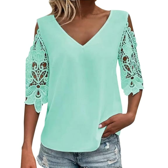 Women Summer Tops Women's T Shirt Lace Cut Out Plain Daily Half Sleeve V Neck Basic Regular Top Ladies Top Shirts Long Sleeve Sweater Long Tee Trendy Juniors Tops 1 Warm Women Sleeved Swim Mint Green