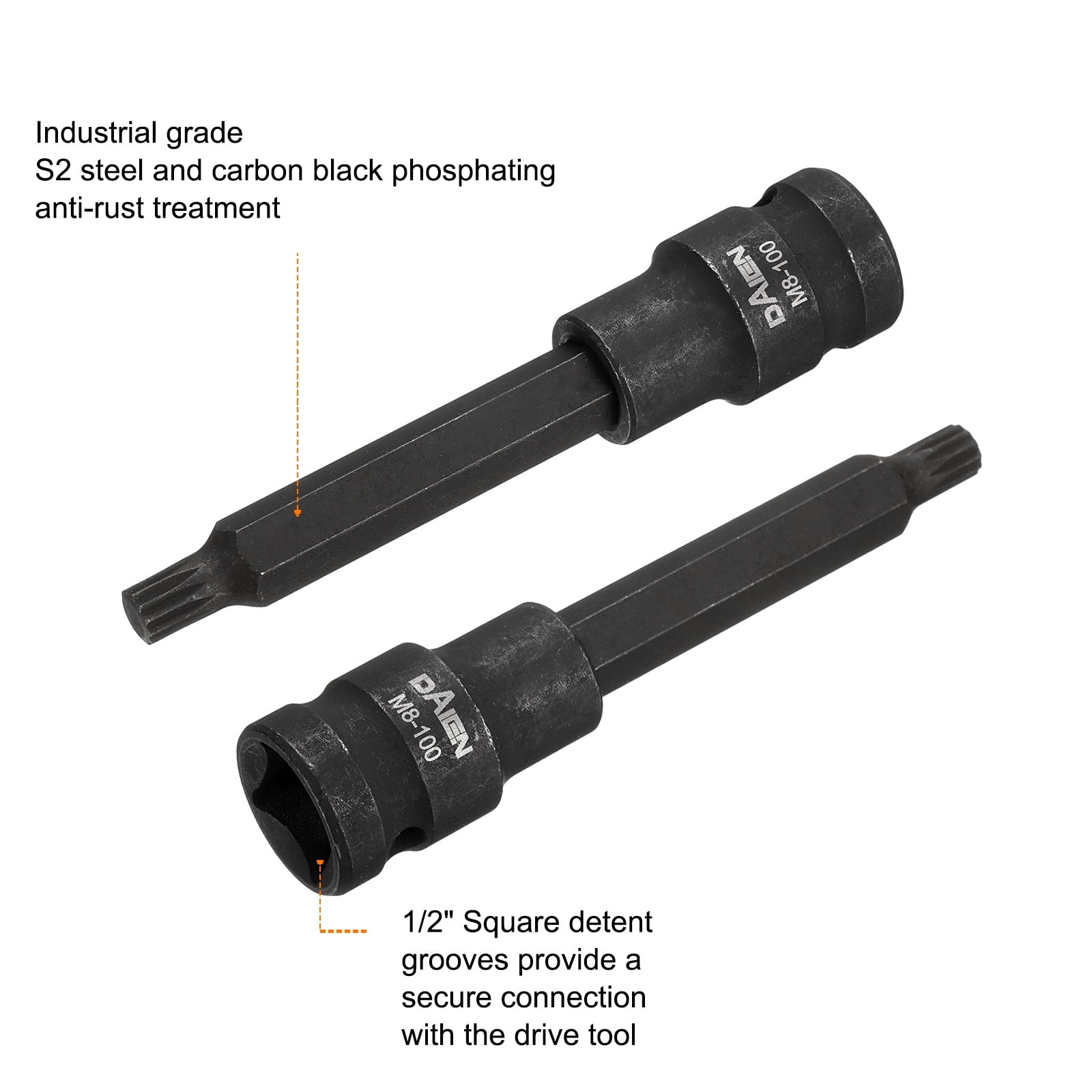 Uxcell 5pcs M8 Triple Square Bit Socket 100mm/3.94" Length 1/2" Square Drive 12 Point Spline Extension Impact Bit Power Nut Driver Set S2 Steel Socket Ratchet Wrench Bits, Black