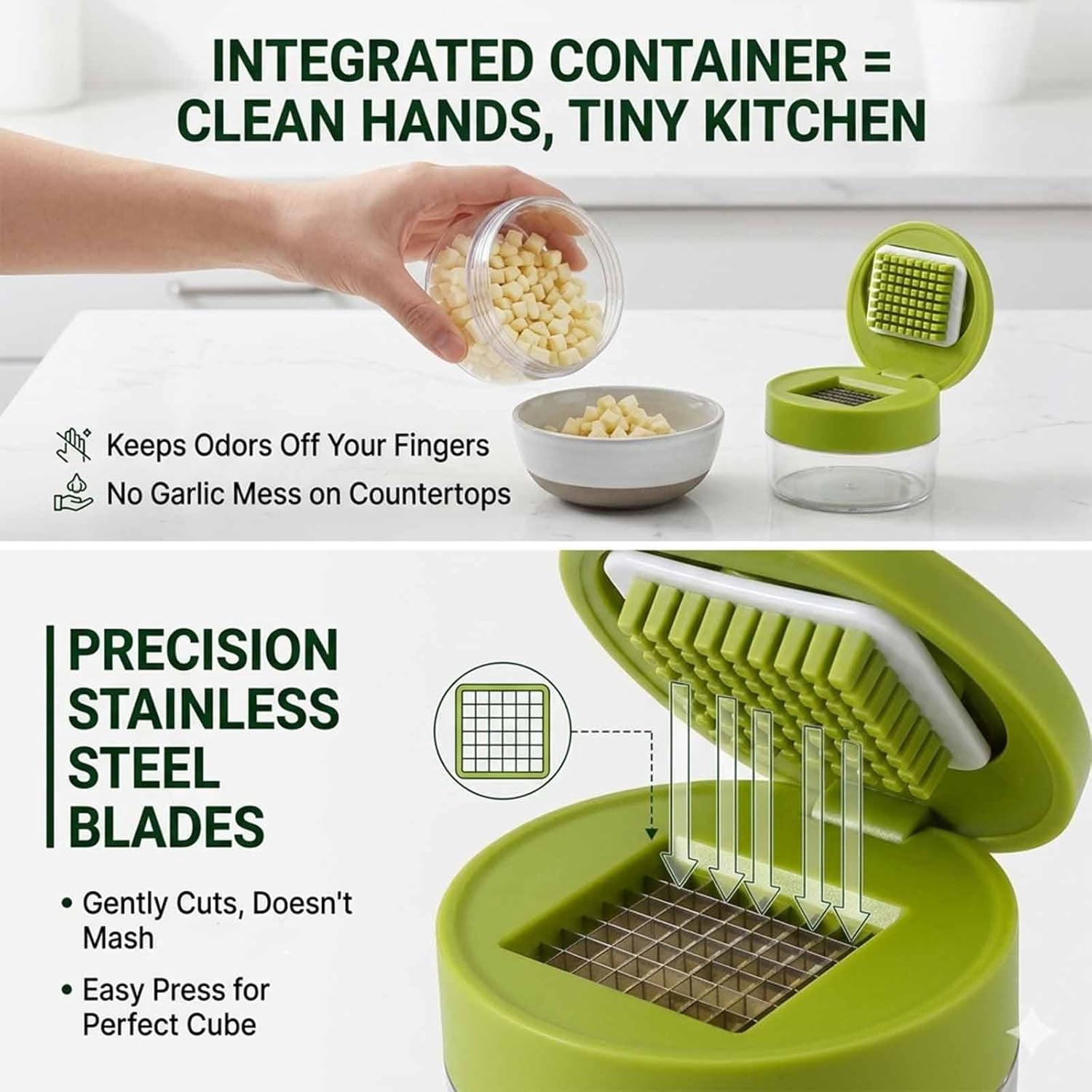 Stainless Steel Garlic Press with Integrated Container – Mess-Free Chopper and Mincer Tool, Dishwasher Safe, Versatile Mini Food Chopper