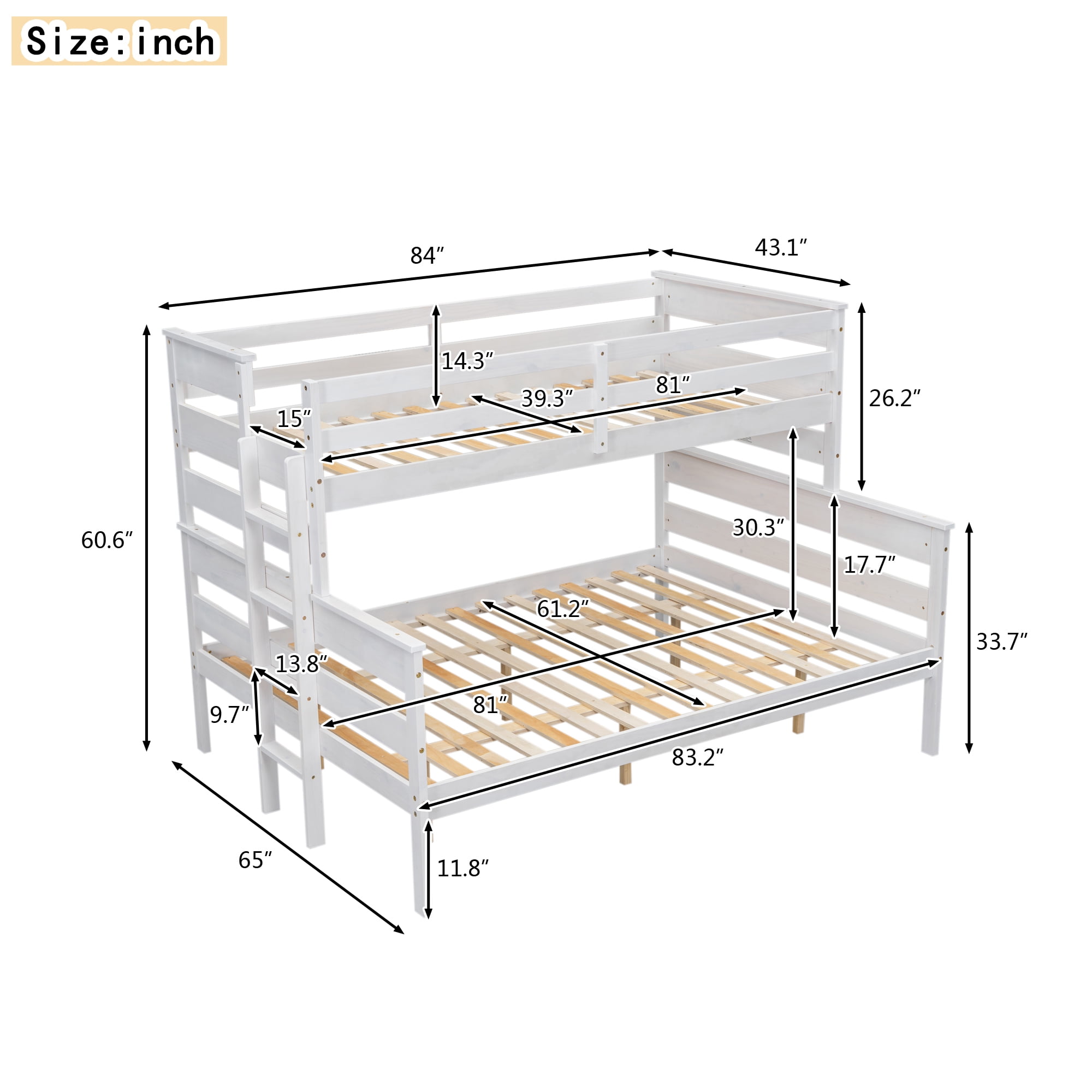 EUROCO Twin XL over Queen Bunk Bed, Convertible 2 Beds for Kids Teens Adults with Ladder, White
