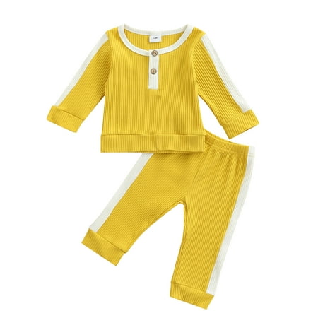 

Sunisery Kids Baby Boys Girls Clothes Sets Color Patchwork Long Sleeve Pullover Tops Elastic Pants Outfits Yellow 6-9 Months
