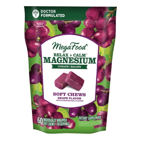 MegaFood Relax + Calm Magnesium Supplement - Soft Chews with Magnesium Citrate & Magnesium Malate for Heart Health  Muscle Tension & More - Vegetarian - Grape-Flavor - 60 Chews (30 Servings)