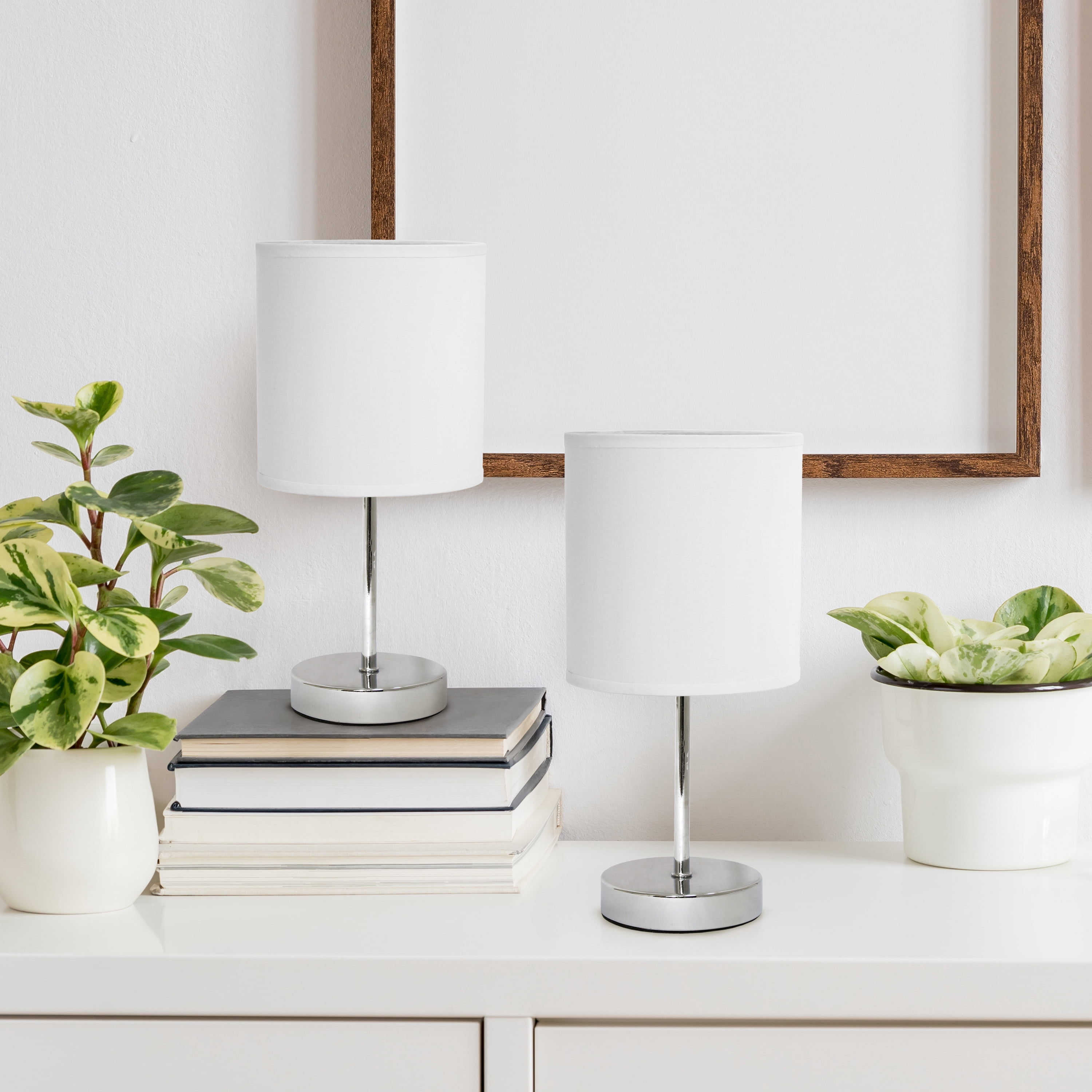 Creekwood Home 11.81" Chrome 2 Pack Petite Metal Stick Table Lamp Set, White Shades