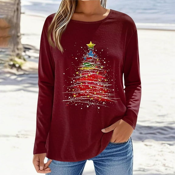 Endives Women's Long Sleeve Shirts Crewneck Casual Christmas Print Tops Merry Christmas Winter