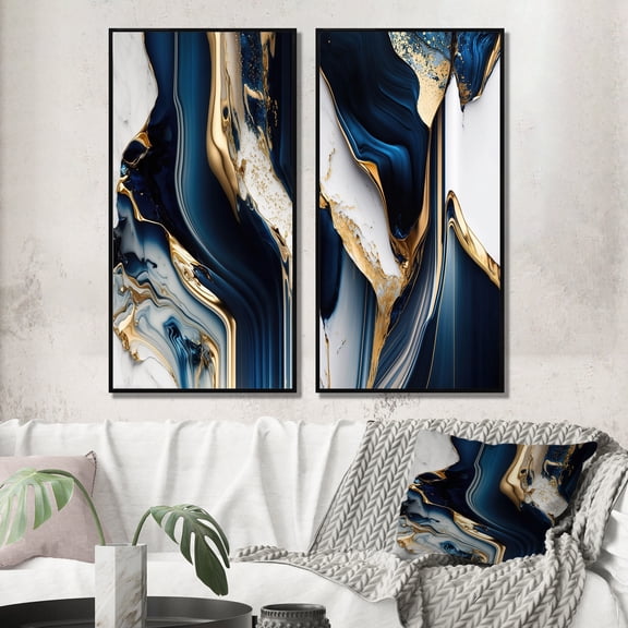 Designart "Cerulean Waves in Geode V" Abstract Framed Wall Art Set Of 2 - Blue Abstract Framed Canvas Set For Living Room Decor