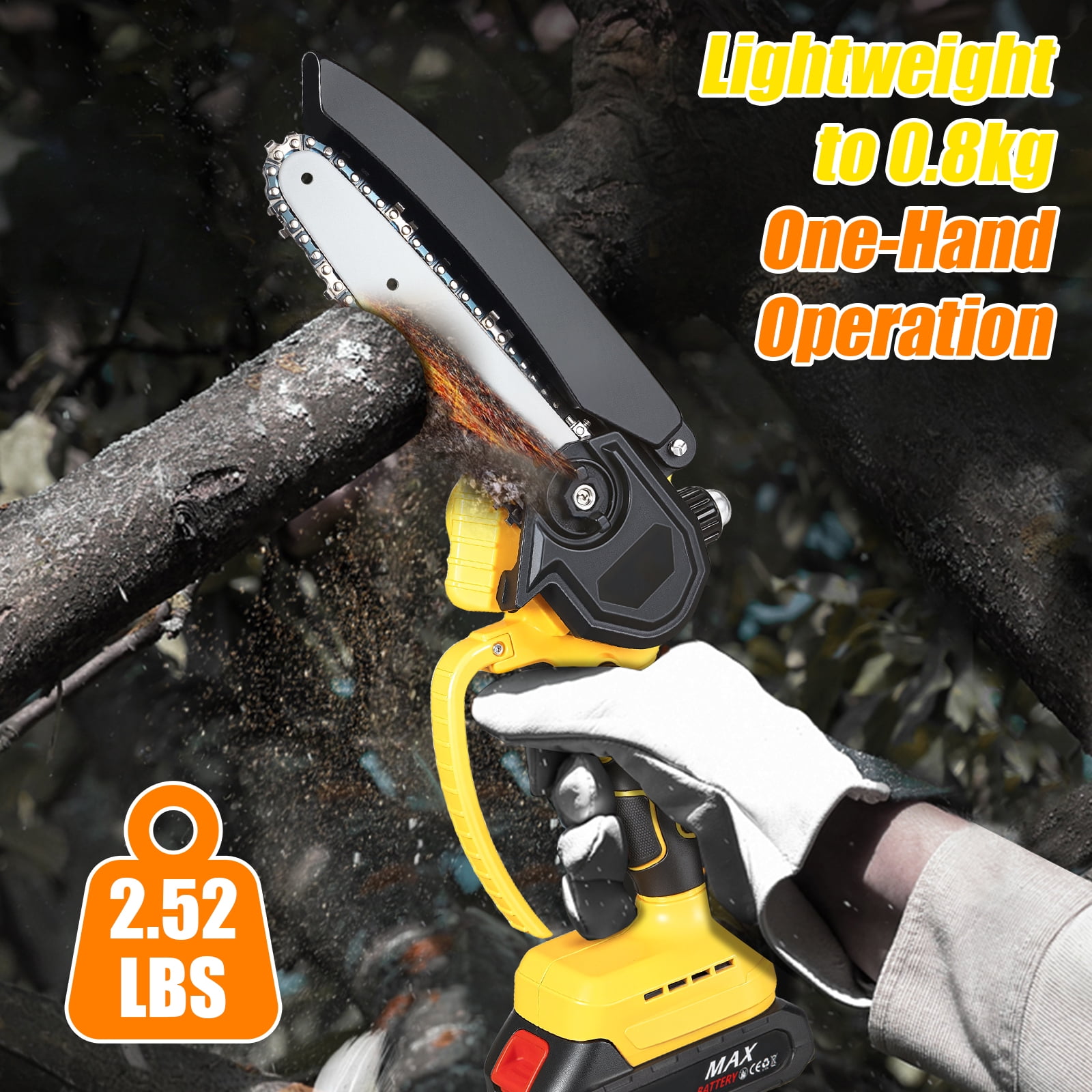 Paddsun Mini Chainsaw, 6 Inch 21V Cordless Electric Chainsaw Portable Handheld with 2 Batteries 2 Chains