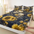 thumbnail image 4 of Manfei Gothic Skull Queen Sheets 4 Pieces, Halloween Vintage Sunflower Rose Queen Sheet Sets, Navy Gold Cream,1 Fitted Sheet, 1 Flat Sheet and 2 Pillowcases, 4 of 5