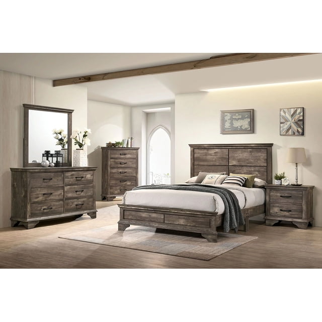 Bedroom 6pc Set Grey Solid wood Queen Size Bed Dresser Mirror Chest 2x ...