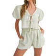 thumbnail image 2 of Women Y2k Two Piece Plaid Lounge Sets Puff Sleeve Tie Front Blouse Top Shorts Pajamas Set Green L, 2 of 7