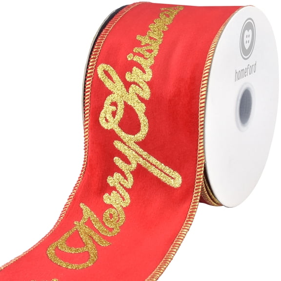 Homeford Merry Christmas Glittered Script Velvet Wired Ribbon, 3-inch, 10-yard, Red