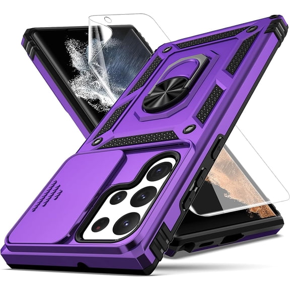 for Samsung Galaxy S22 Ultra Case,with Camera Lens Cover HD Screen Protector,[Military Grade] Ring Car Mount Kickstand Hybrid Hard PC Soft TPU Shockproof Protective Case for Galaxy S22 Ultra, Purple