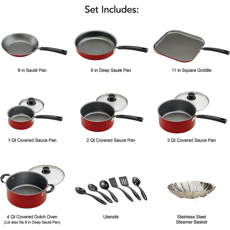 LEGENDARY-YES 18 Piece Nonstick Pots & Pans Cookware Set Kitchen  Kitchenware Cooking NEW (RED)