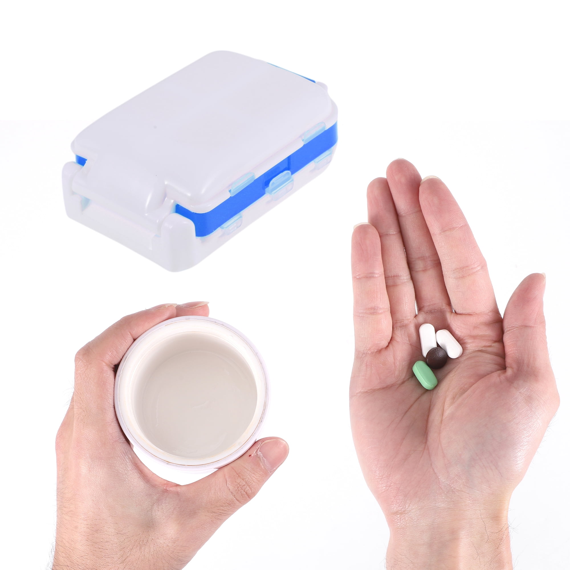 Unique Bargains 8 Grids 3 Fold Pill Case for Travel 1 Pc White, Blue