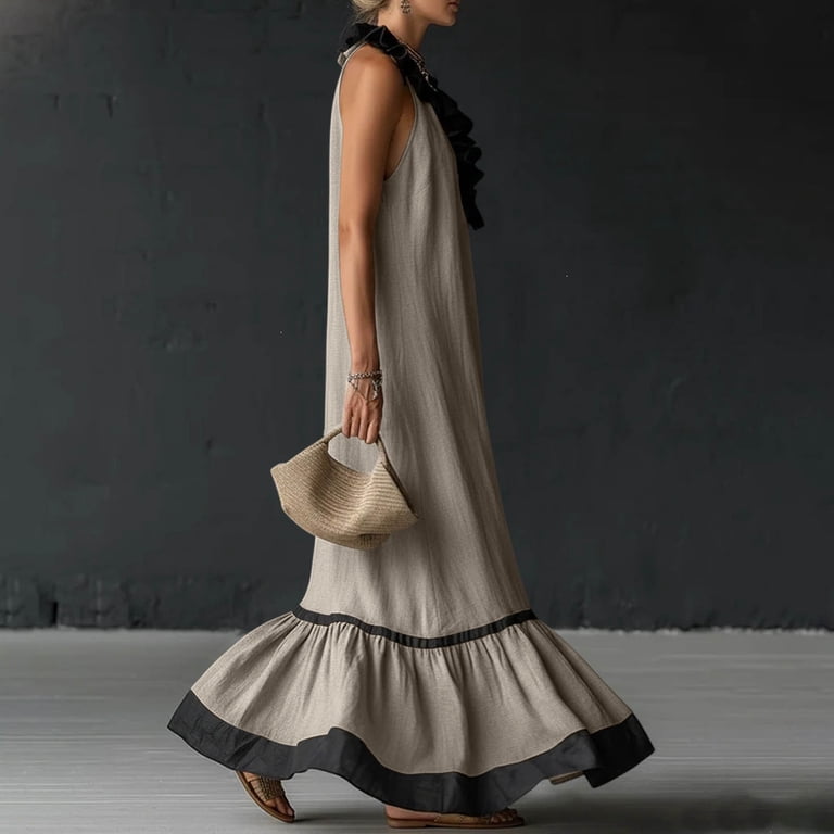 beige maxi dress plus size Qulqfy Dark Blue Womens Summer Dresses Casual Wedding Guest Sleeveless Ruched Ruffle Plain V-Neck Flowy Beach Long Dresses L __variant:khaleesi-dress-chocolate